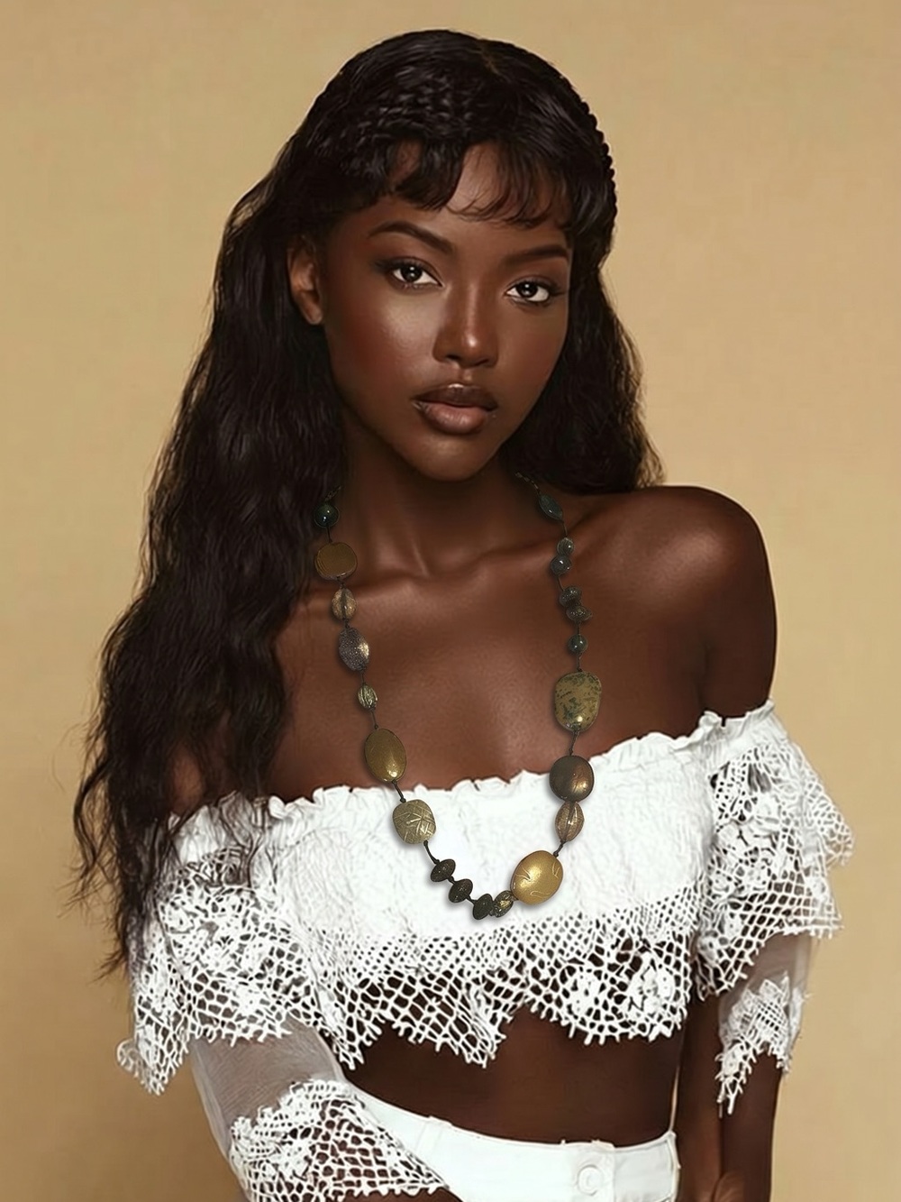 Antique Gold Disc Long Statement Necklace